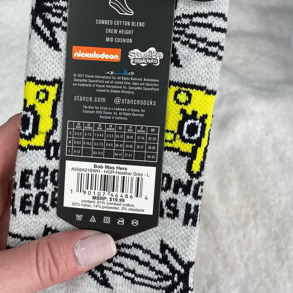 NWT Stance "Bob Was Here" Spongebob Squarepants Grey Infiknit Crew Socks-Large - Picture 5 of 5